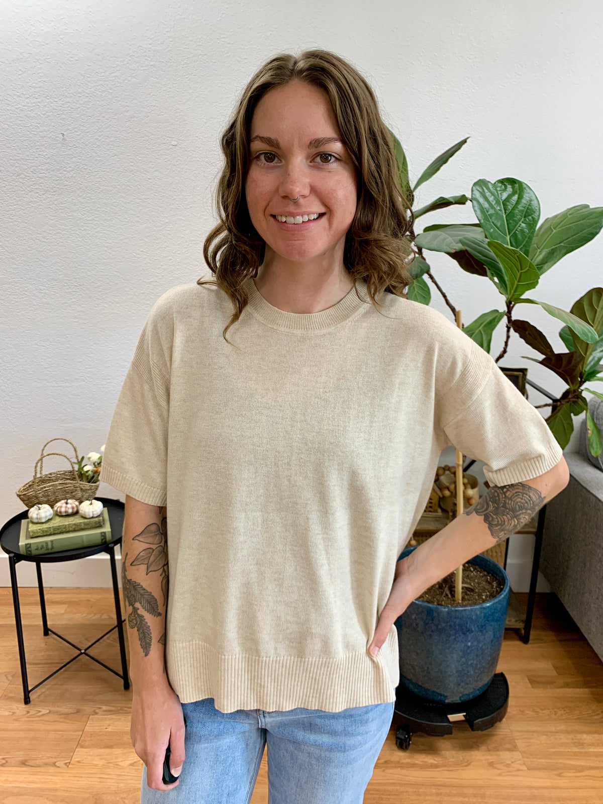 Oatmeal Wool Blend Boxy Knit Top