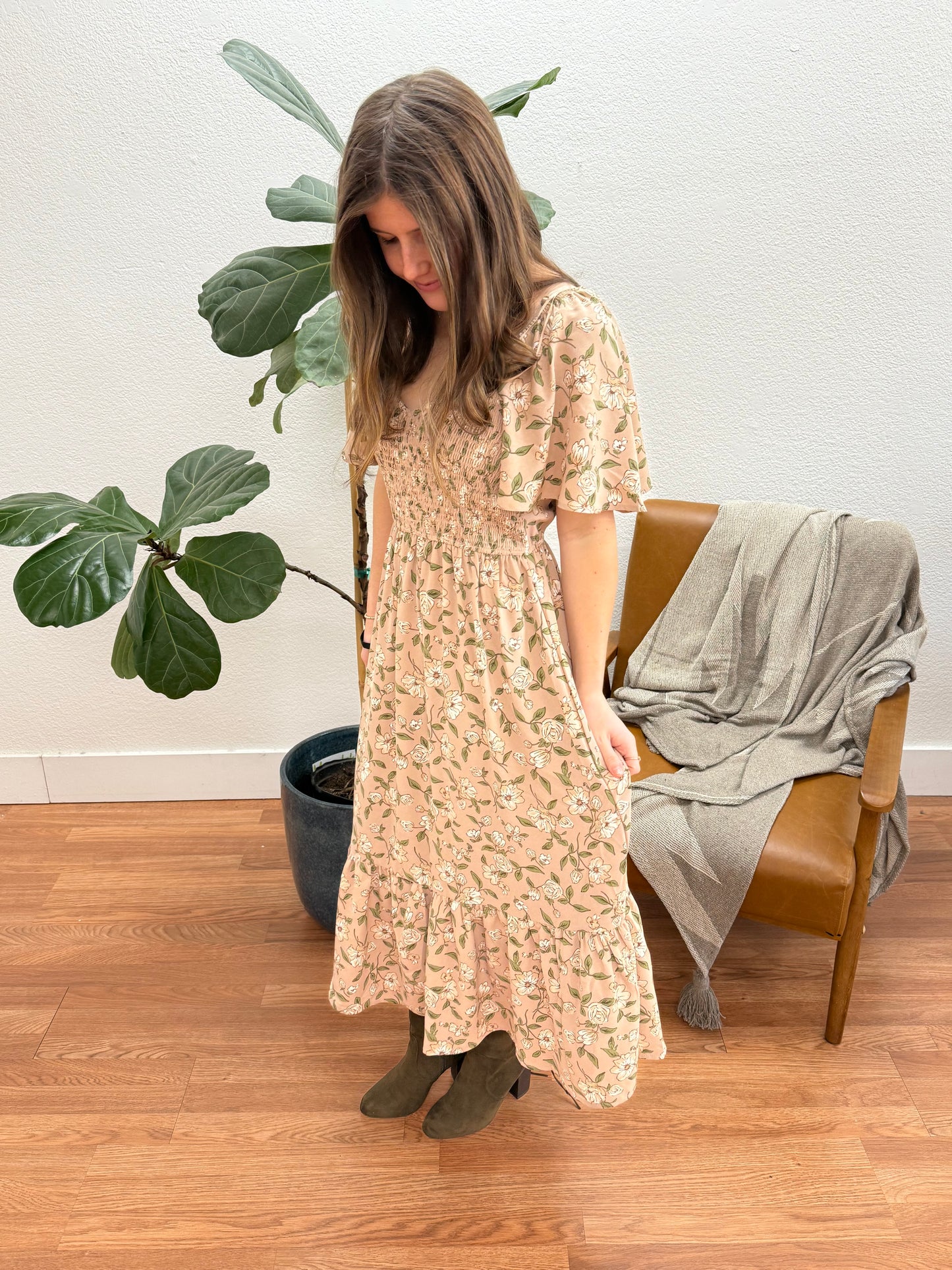 Mocha Floral Tiered Midi Dress