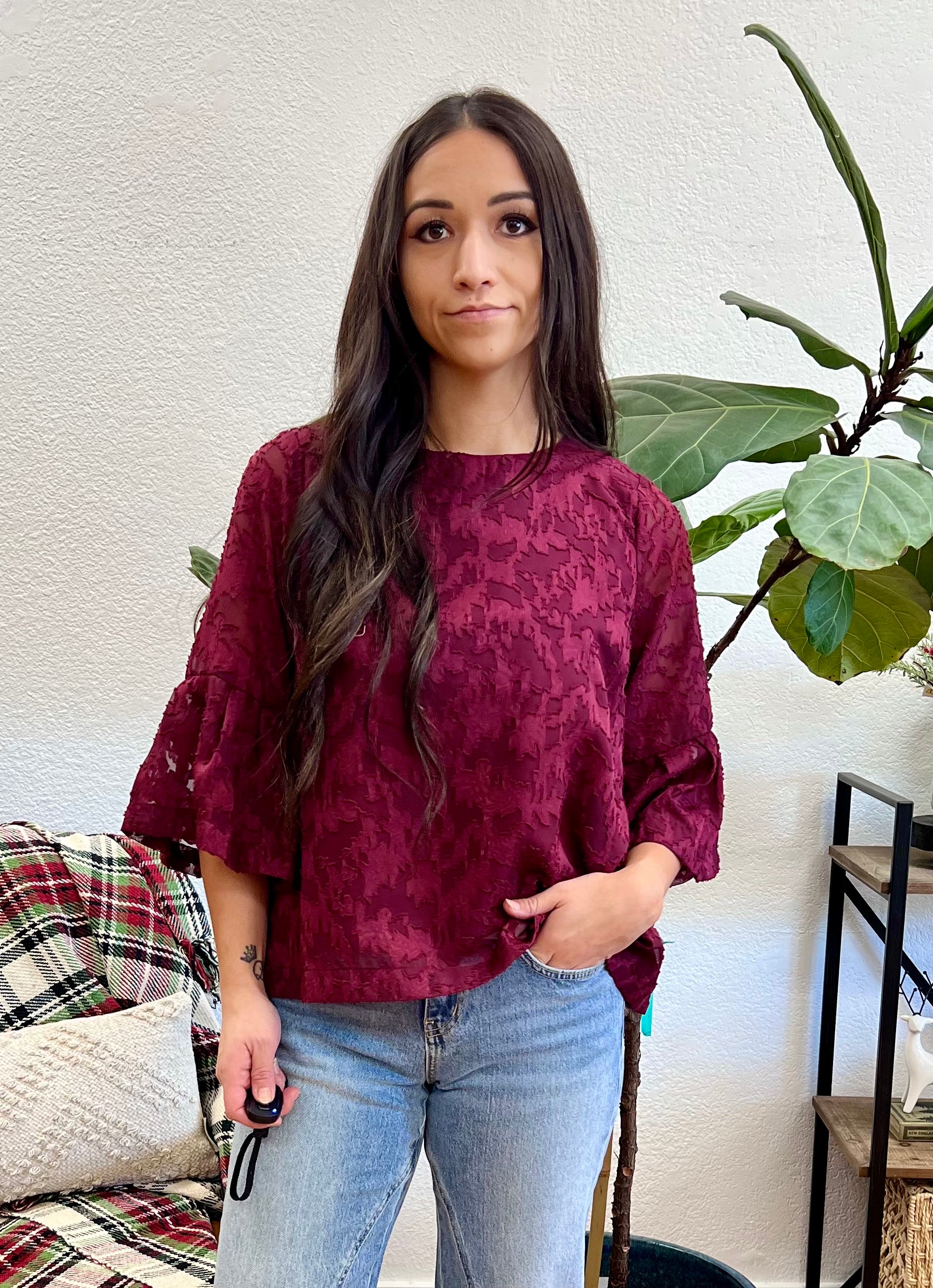 Burgundy Jacquard Bell Sleeve Blouse - Terra Cottage