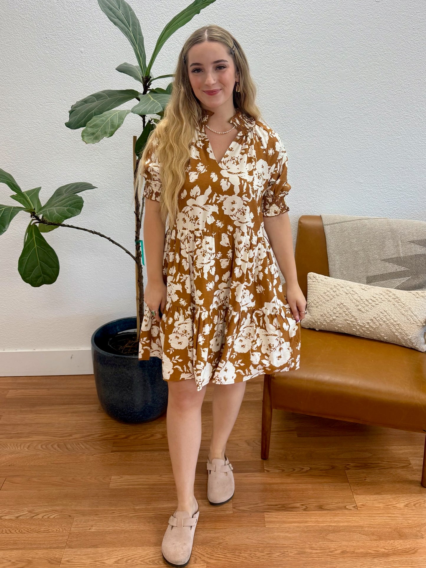 Mocha Floral V-Neck Dress