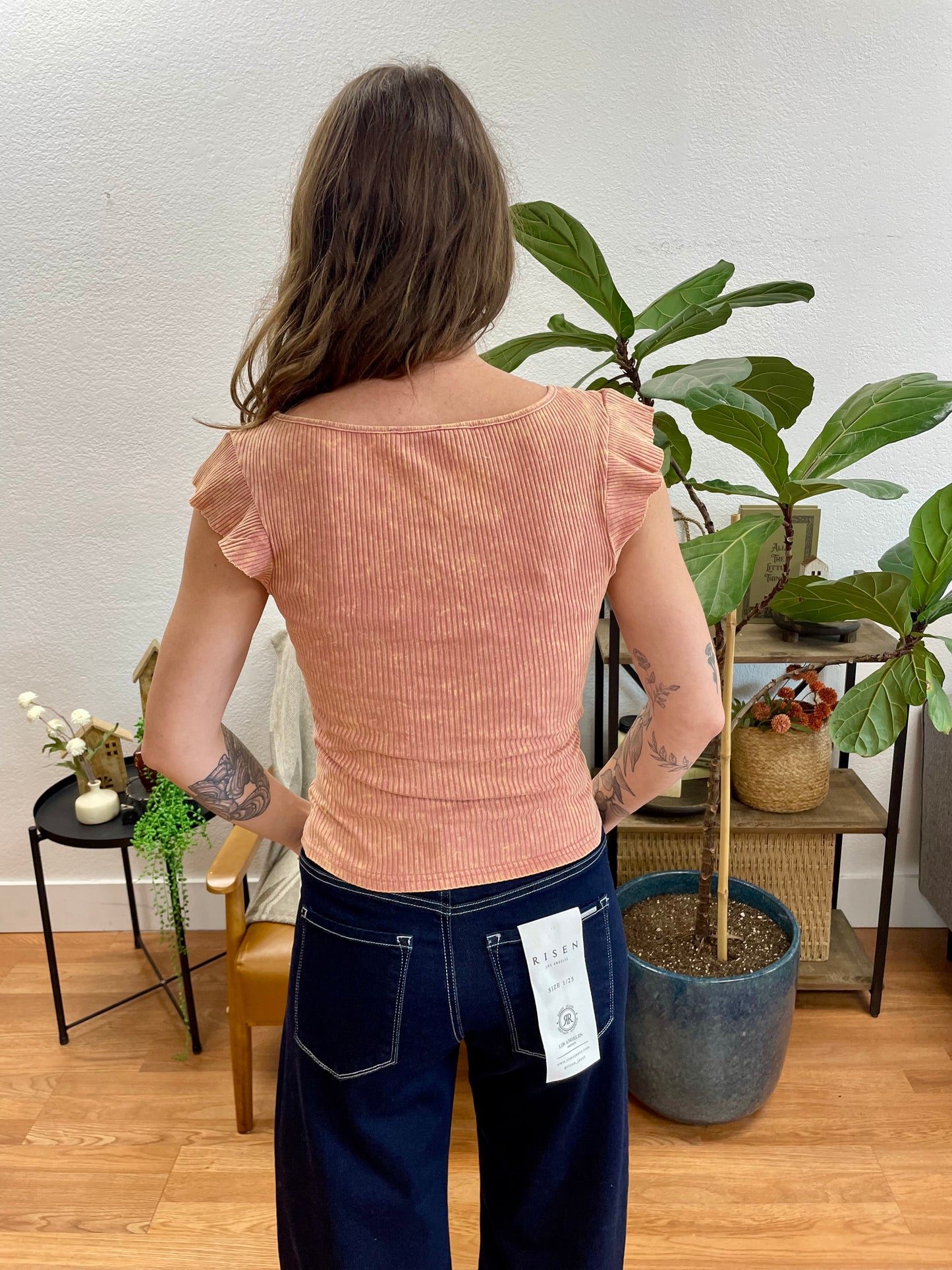 Mauve Washed Ruffle Sleeve Top