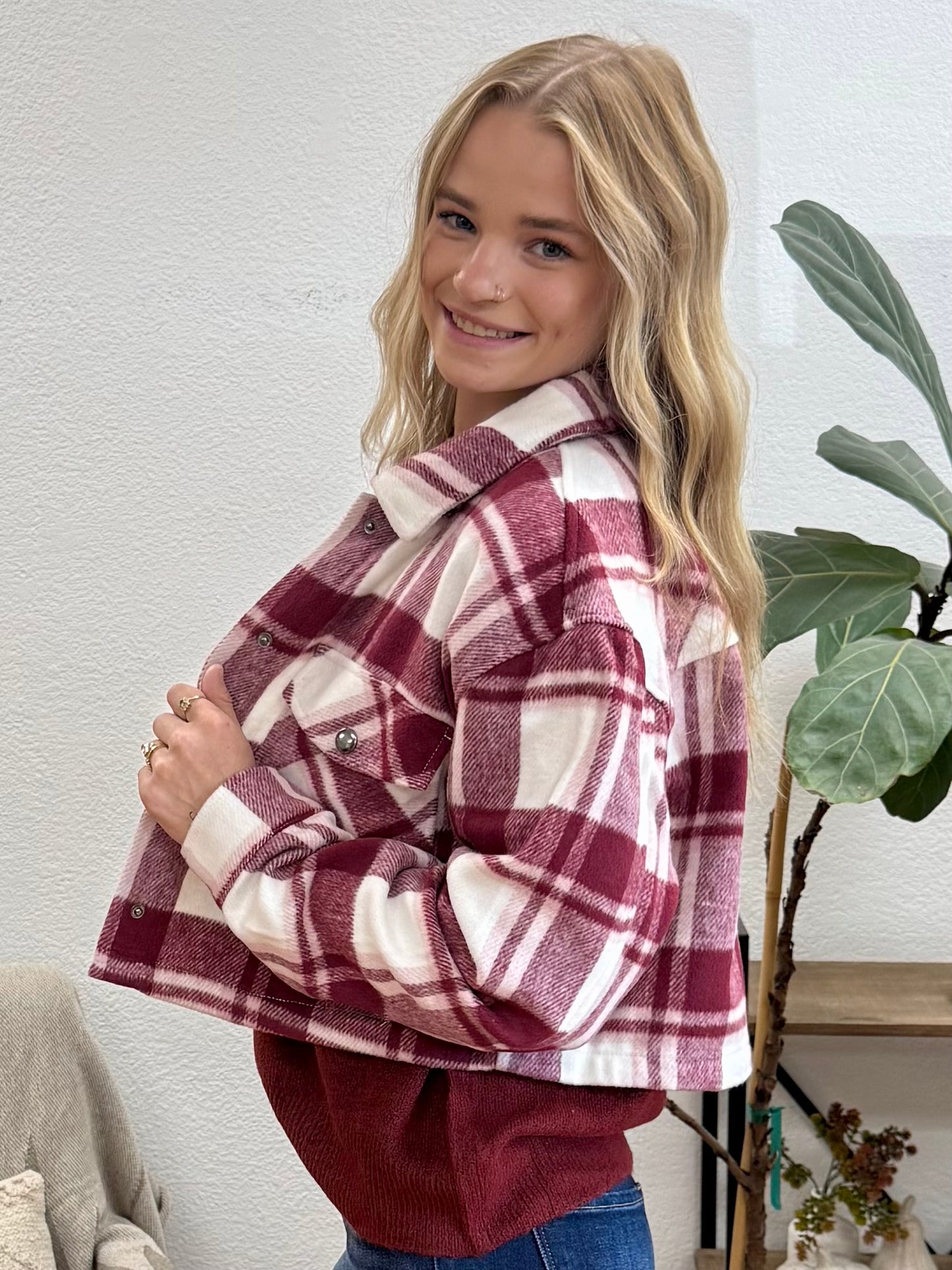 Burgundy Cropped Button Down Jacket