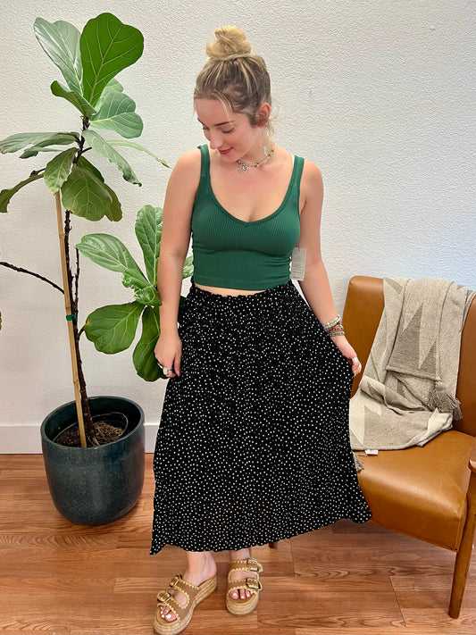 Black Polka Dot Pleated Midi Skirt