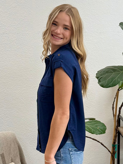Navy Collared Button Down Tab Shirt