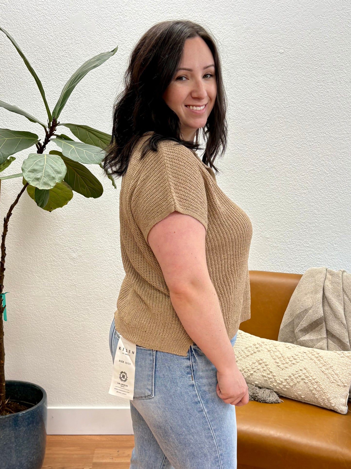 Tan Split Neck Knit Pullover