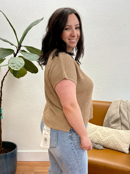 Tan Split Neck Knit Pullover