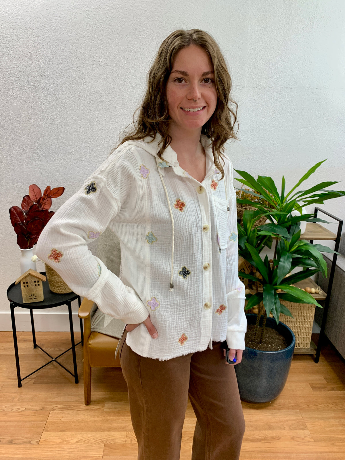 White Embroidered Hoodie Jacket