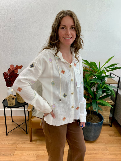 White Embroidered Hoodie Jacket