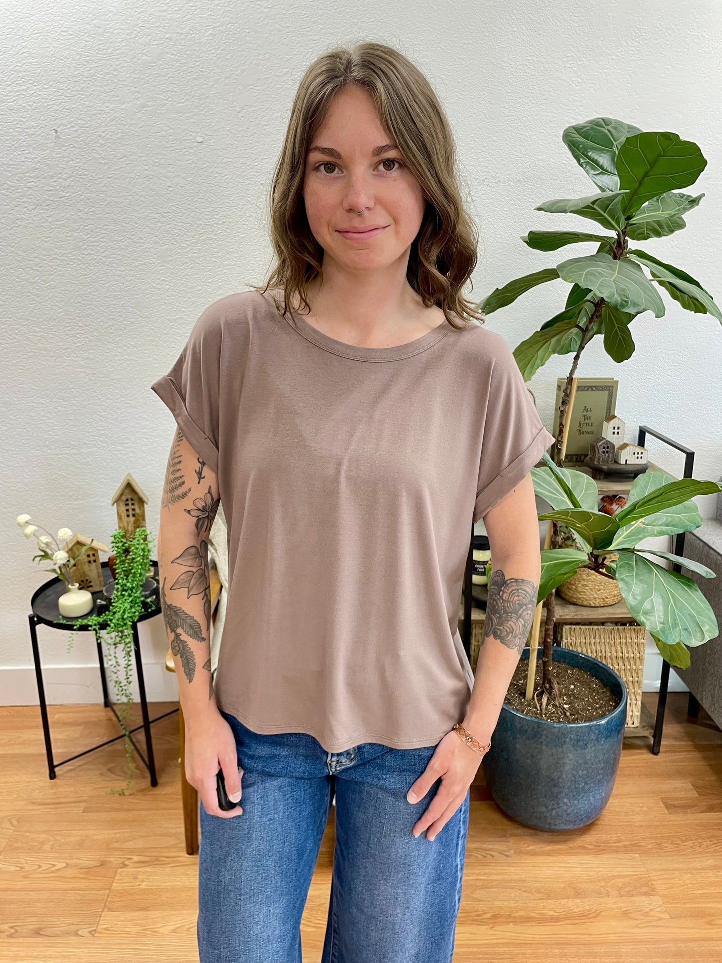 Mocha Crew Neck Rolled Sleeve Top