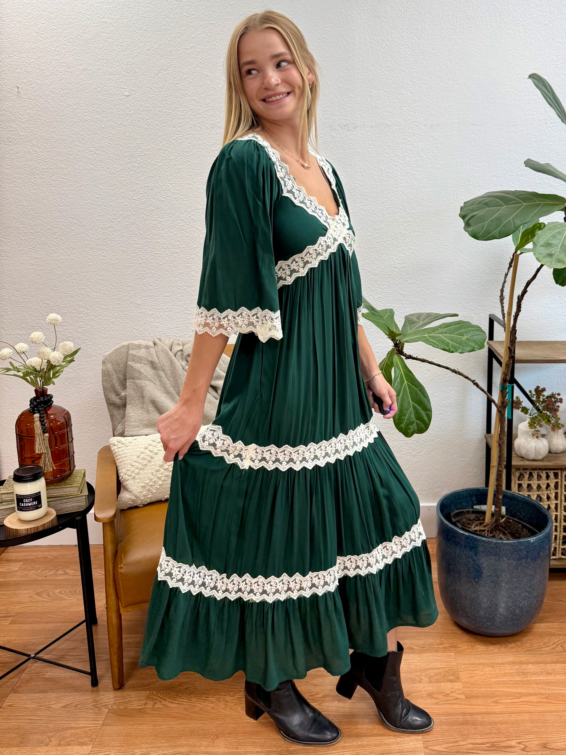 Hunter Green Lace Trim Midi Dress Terra Cottage Hunter Green Lace Trim Midi Dress Terra Cottage
