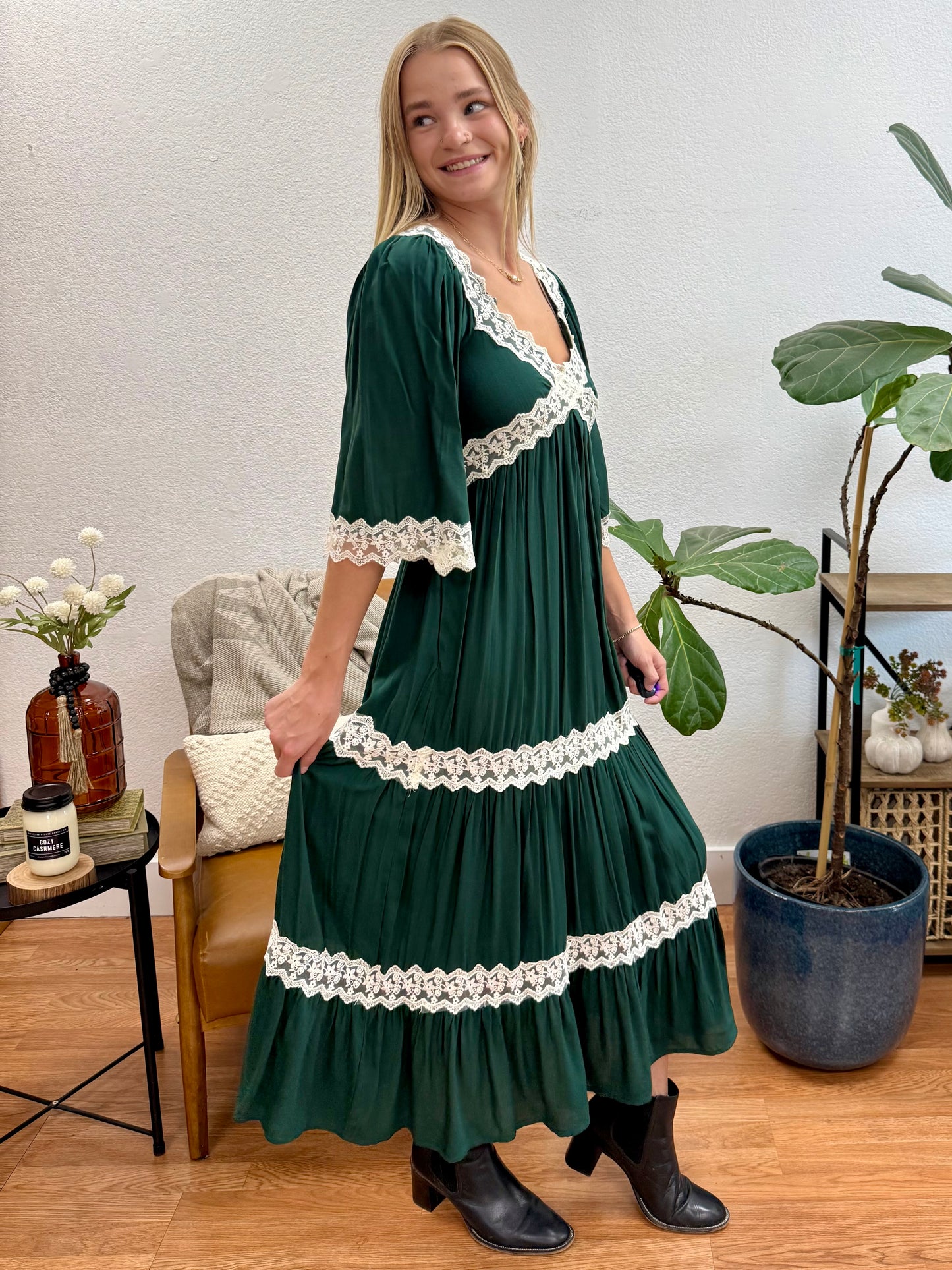 Hunter Green Lace Trim Midi Dress