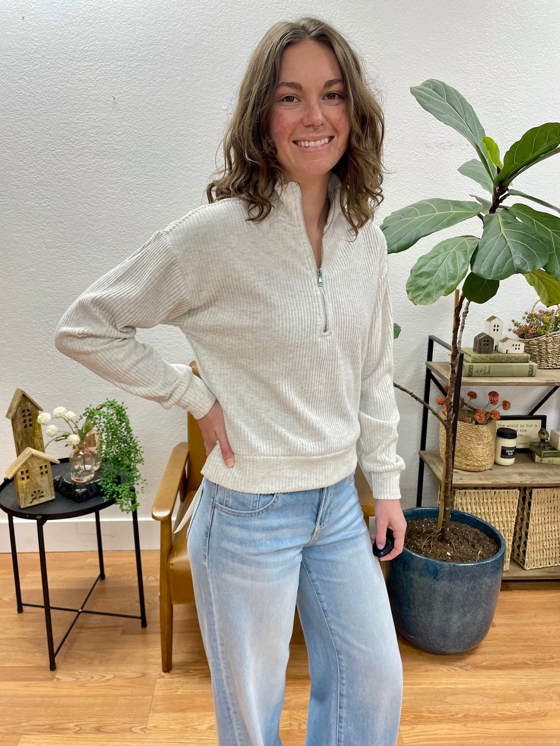 Oatmeal Half Zip Top - Terra Cottage