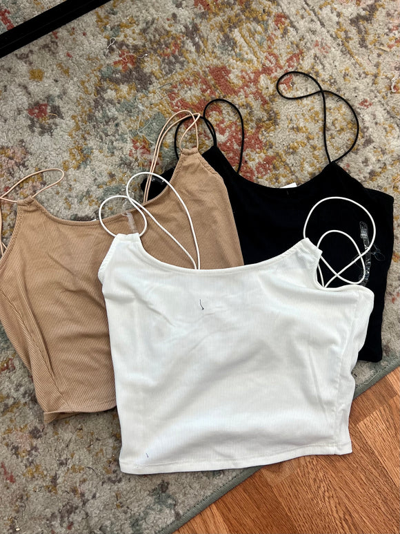 Beige Ribbed Strappy Crop Cami