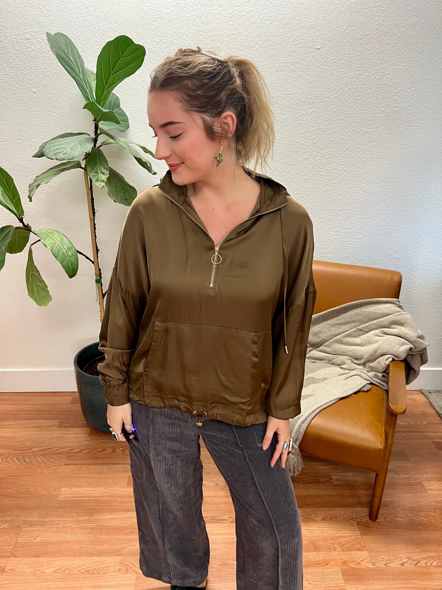 Olive Hooded Drawstring Top