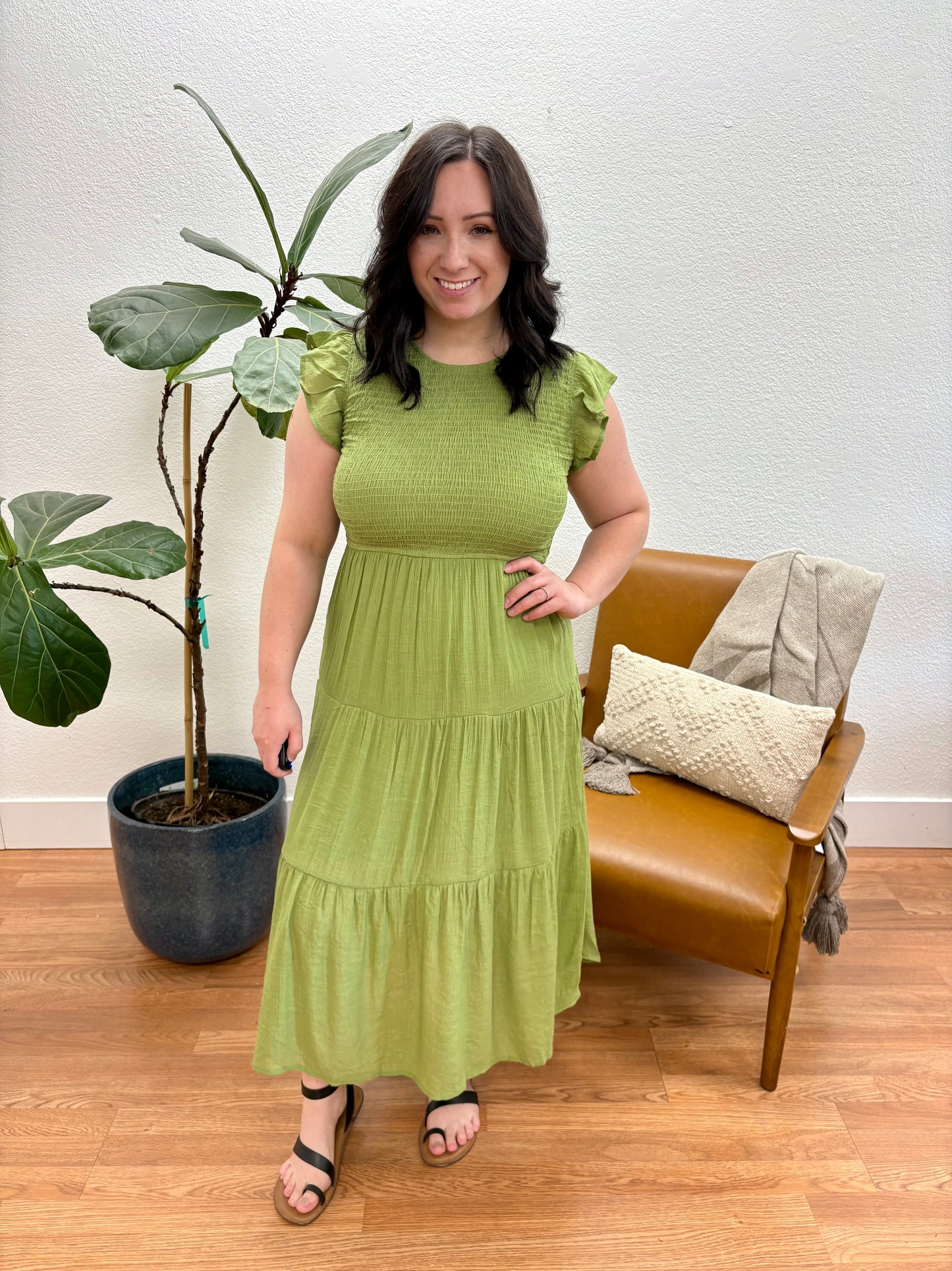 Olive Green Smocked Tiered Midi Dress