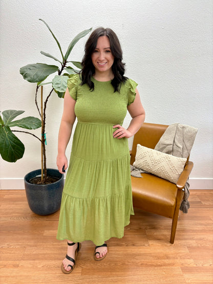 Olive Green Smocked Tiered Midi Dress