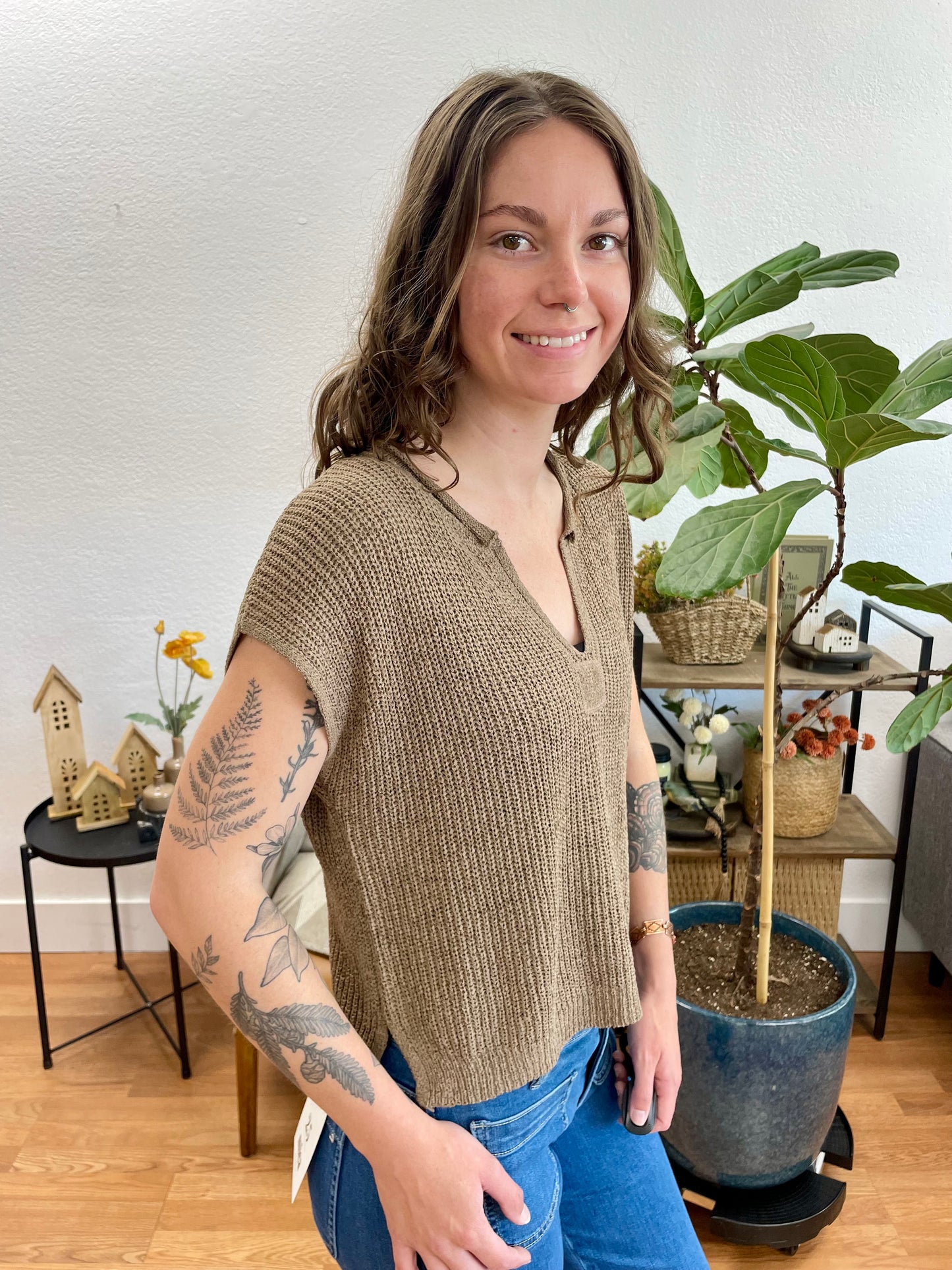 Mocha Split Neck Knit Top
