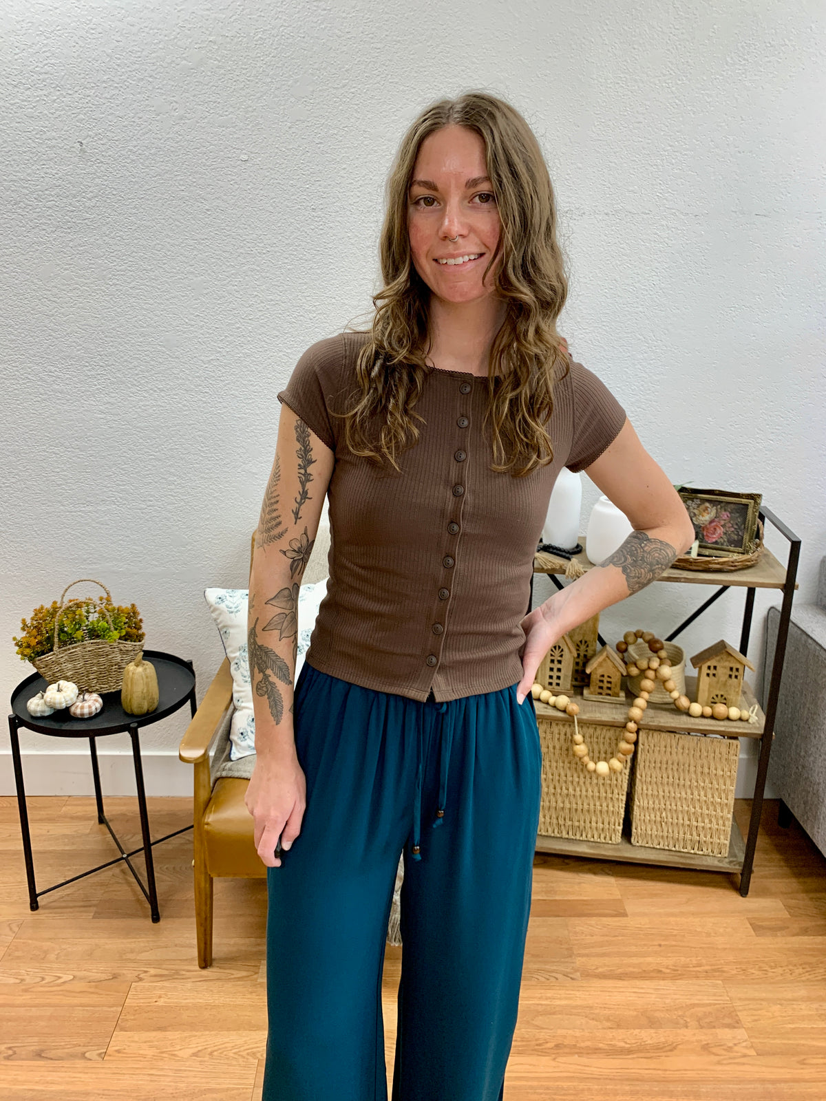 Brown Ribbed Button Front Knit Top