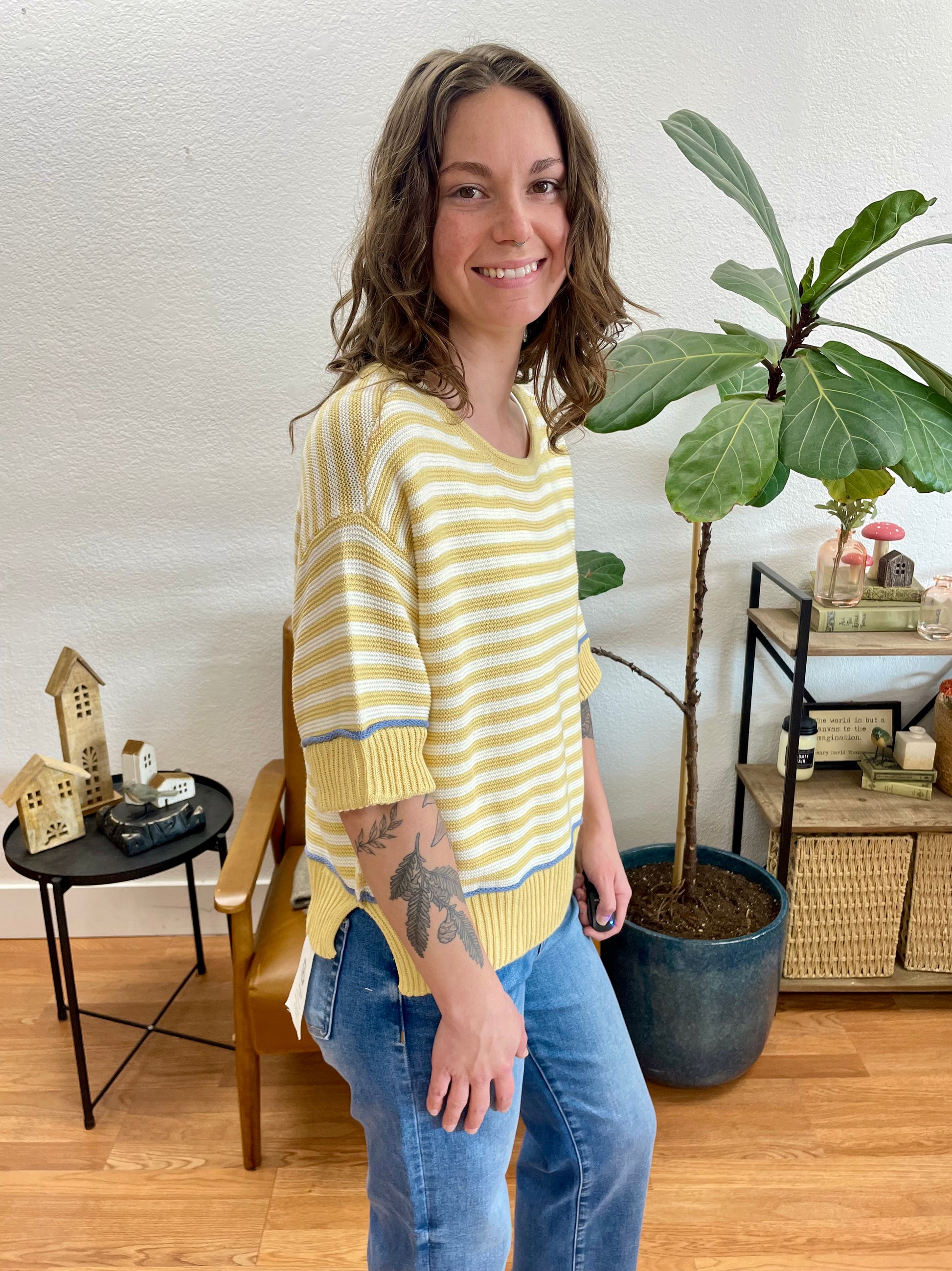 Butter Yellow Stripe Raw Edge Sweater - Terra Cottage