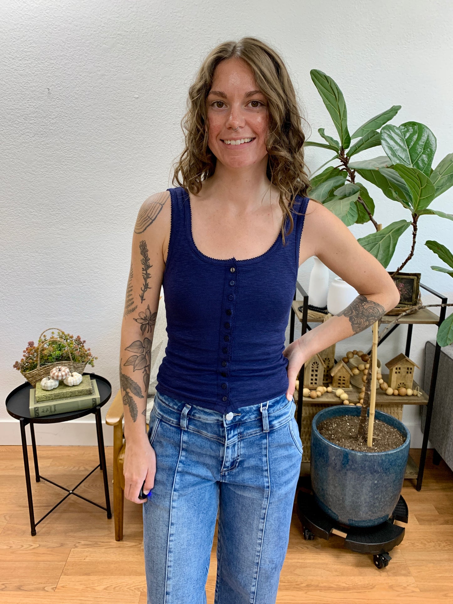 Navy Slub Button Front Tank