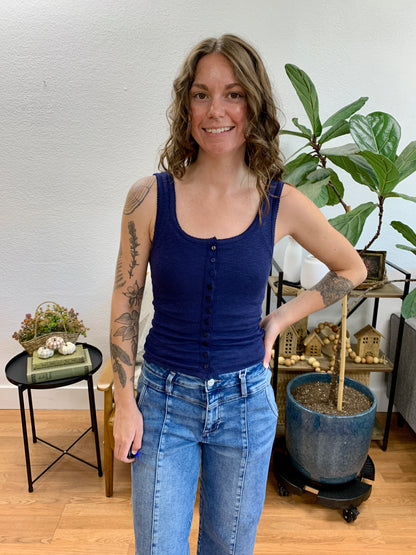 Navy Slub Button Front Tank