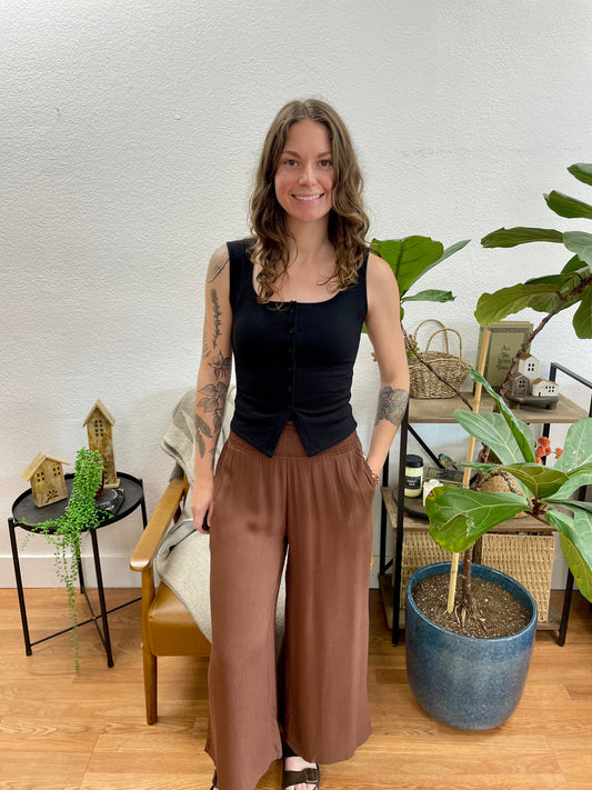 Brown Lightweight Smocked Pants