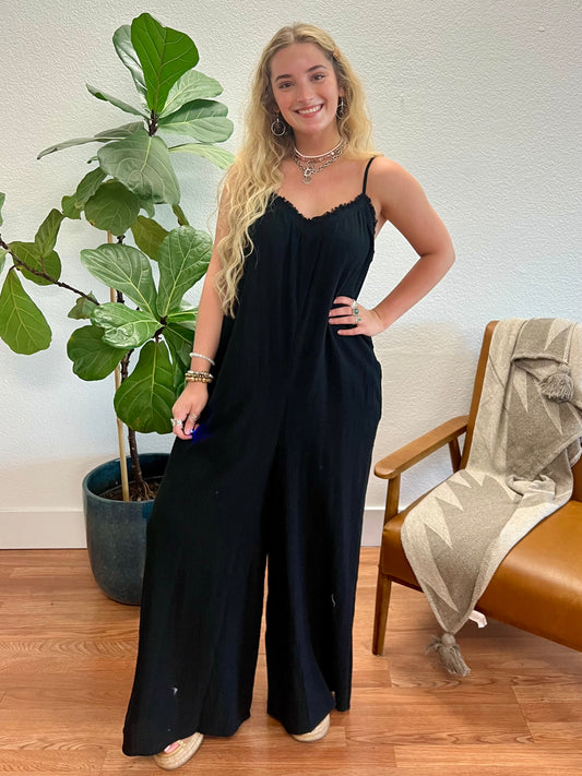 Black Frayed Detail Gauze Wide Leg Jumpsuit