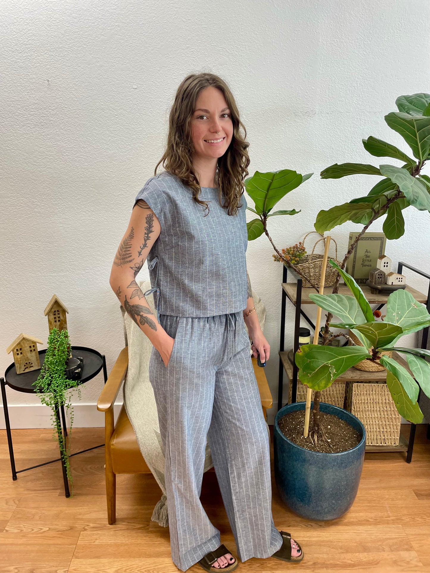 Navy Stripe Tie Front Linen Pants