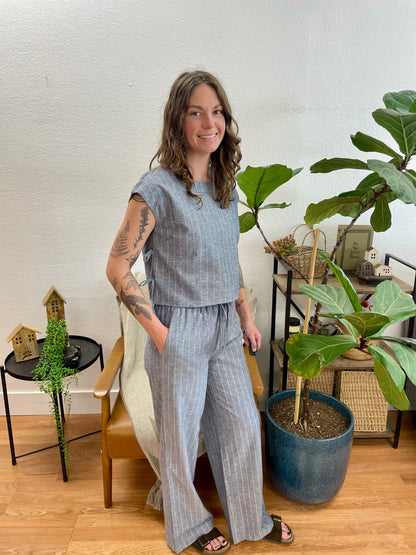 Navy Stripe Tie Front Linen Pants