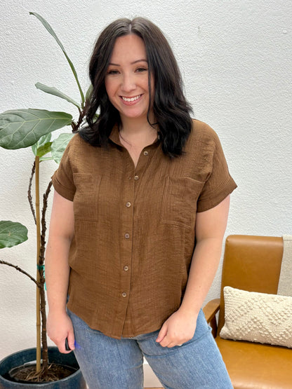 Brown Fold Sleeve Button Down Top