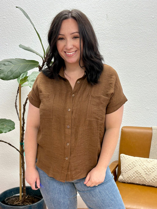 Brown Fold Sleeve Button Down Top