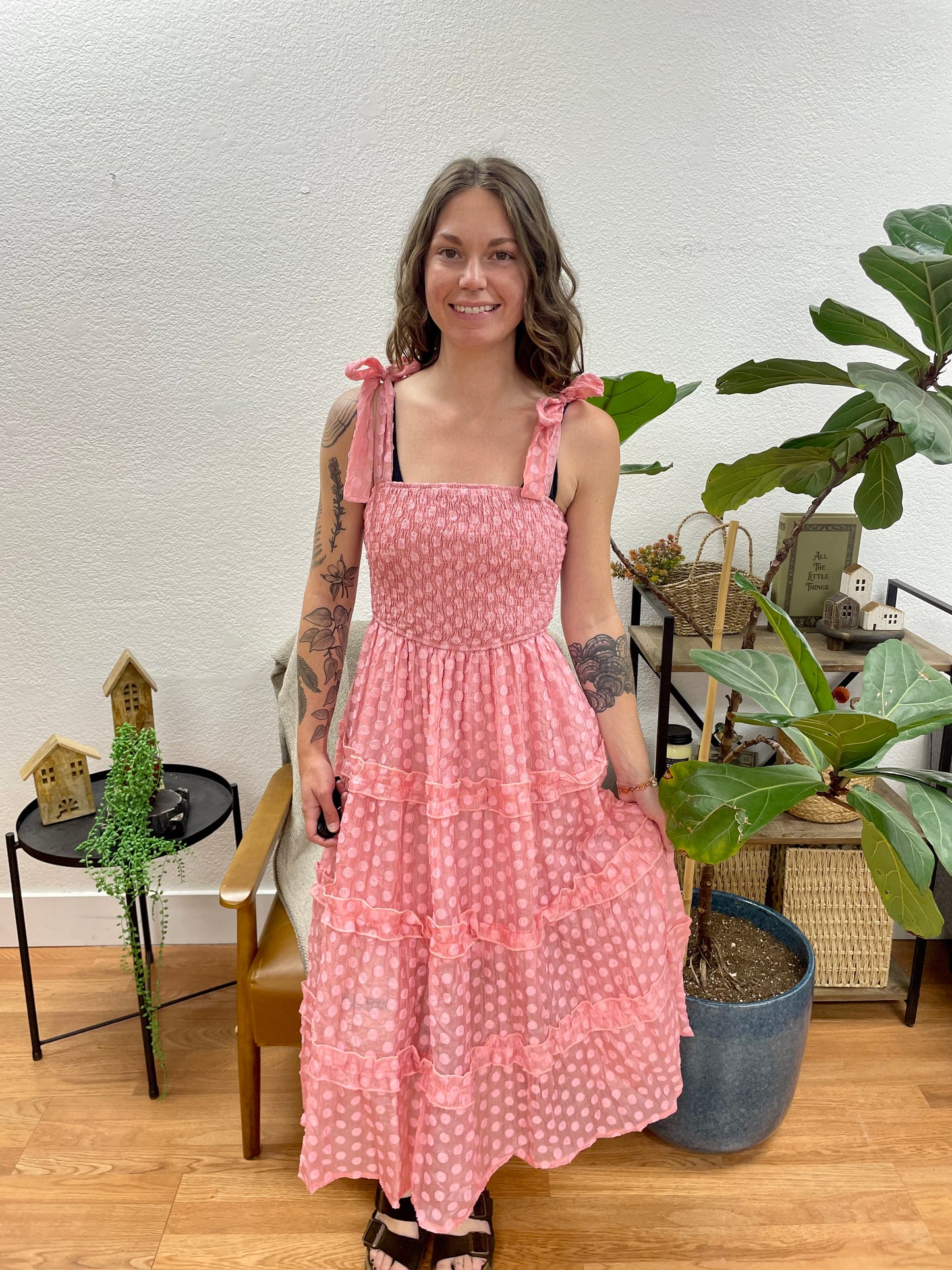 Pink Square Neck Ruffle Tiered Midi Dress