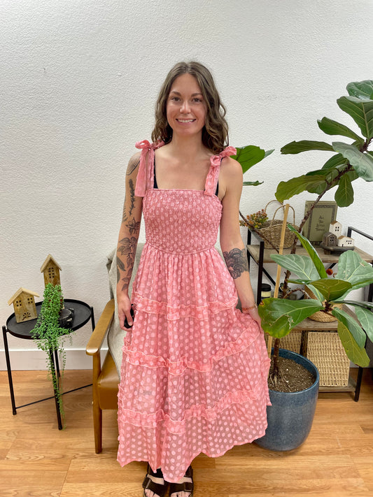 Pink Square Neck Ruffle Tiered Midi Dress