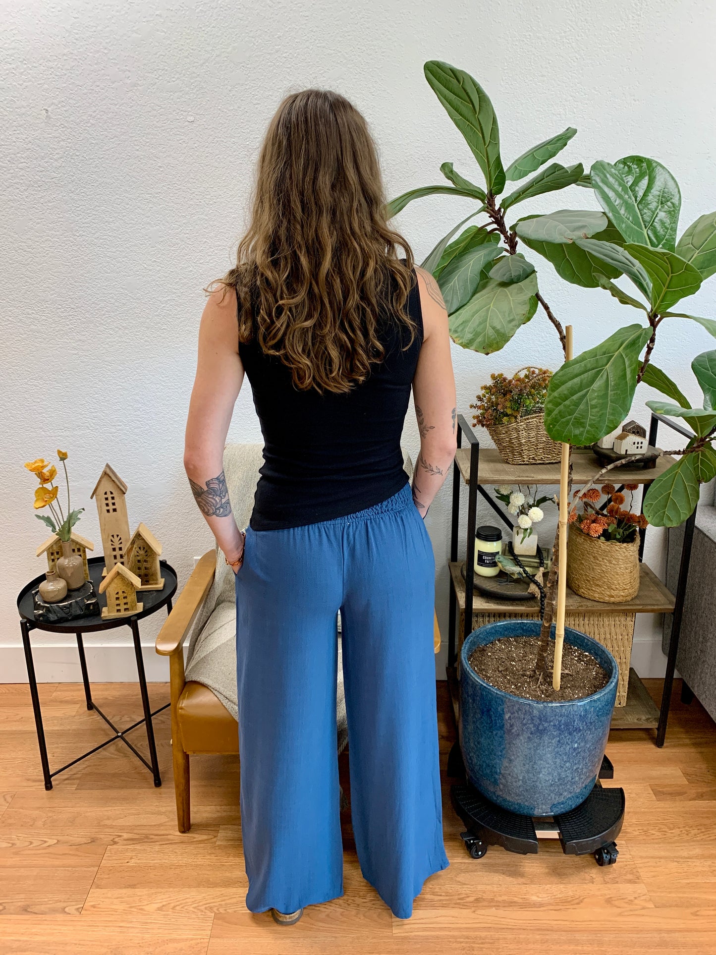 Slate Smocked Waist Pants With Pockets