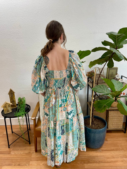 Mint Patterned Square Neck Midi Dress