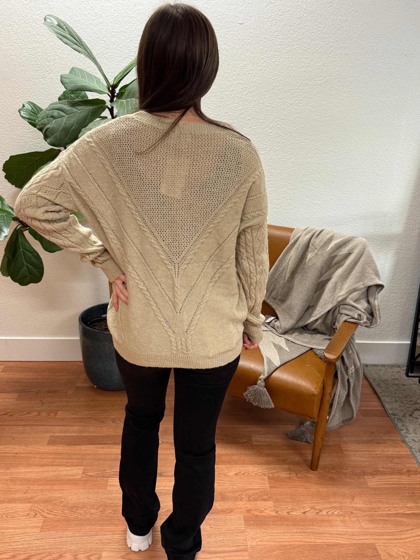 Taupe Braided Detail Crewneck Sweater