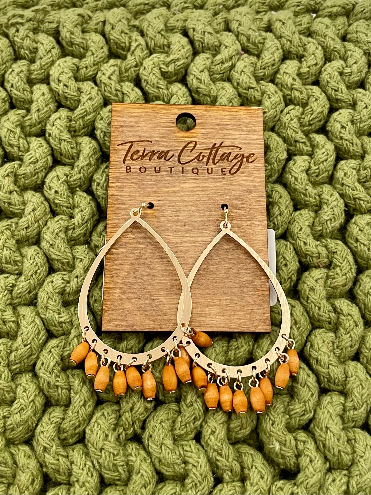 Caramel Dangle Wood Bead Teardrop Earrings