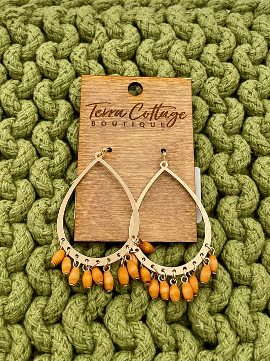 Caramel Dangle Wood Bead Teardrop Earrings