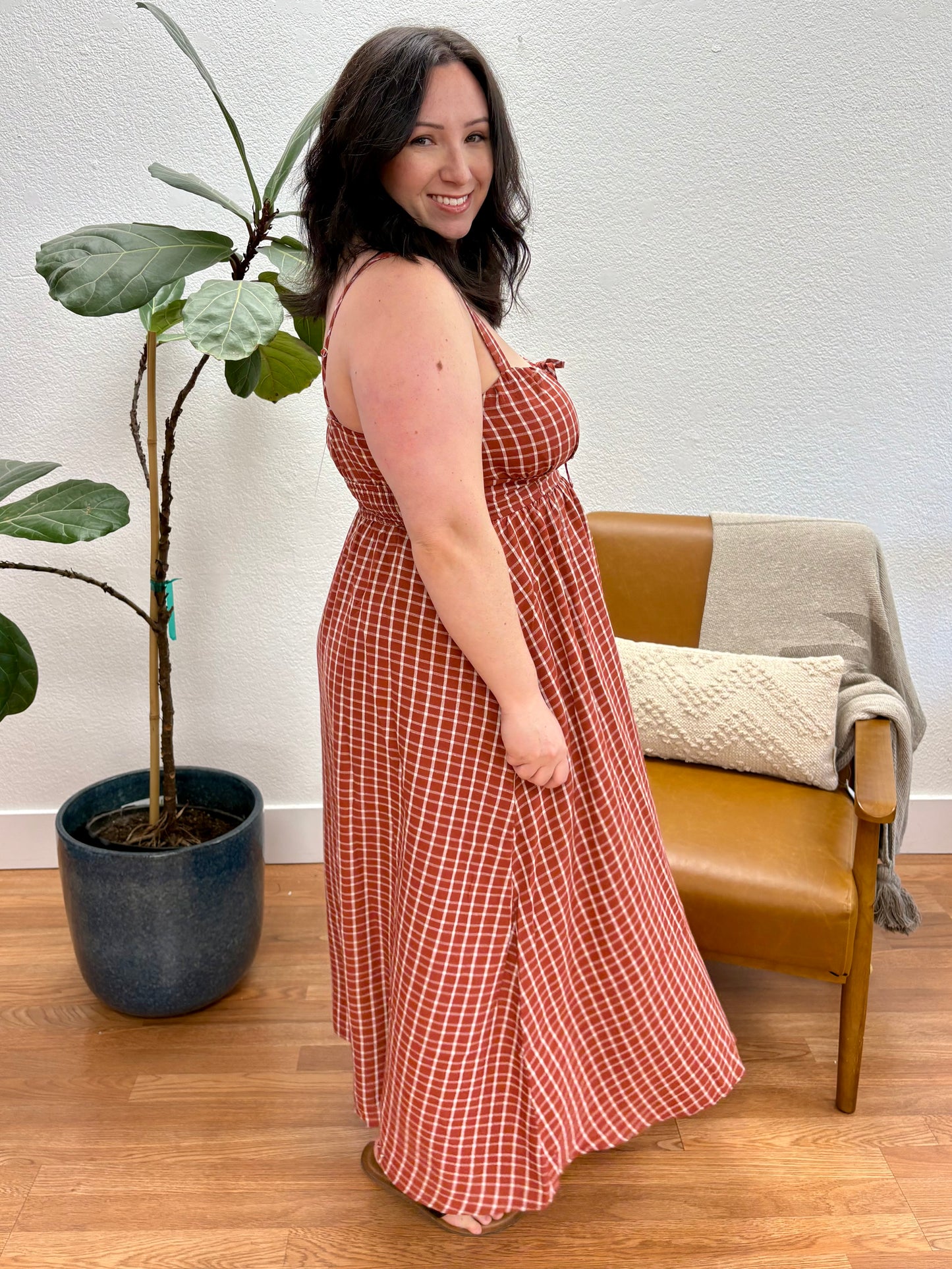 Brick Plaid Corset Midi Dress