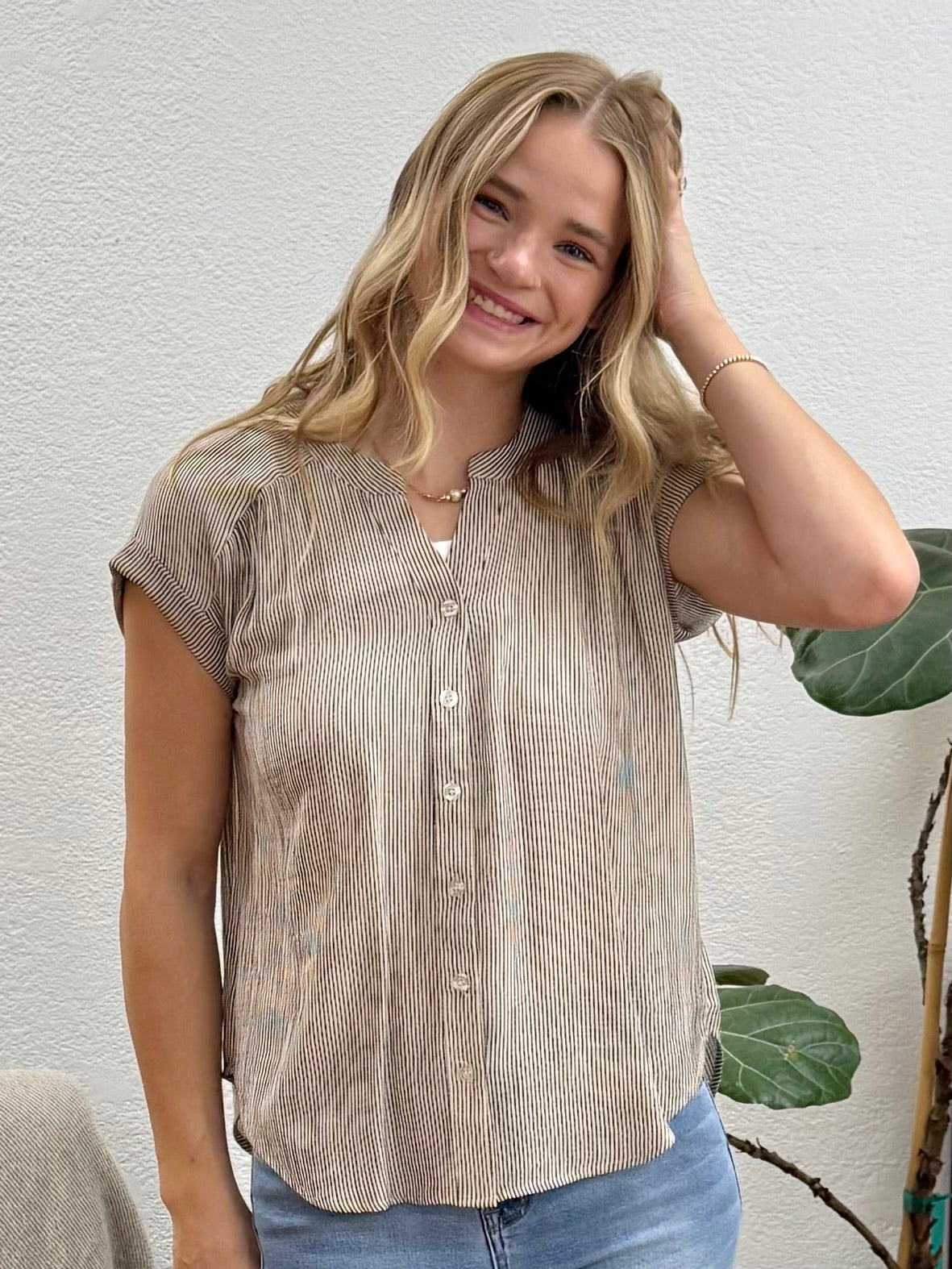 Champagne Pinstripe Button Down Top