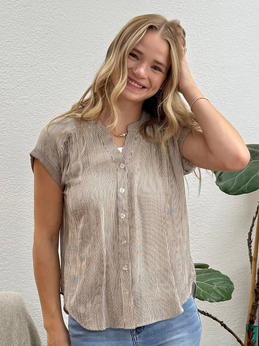 Champagne Pinstripe Button Down Top