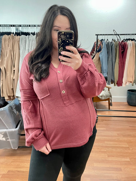 Brick Raw Edge Henley Hoodie Terra Cottage