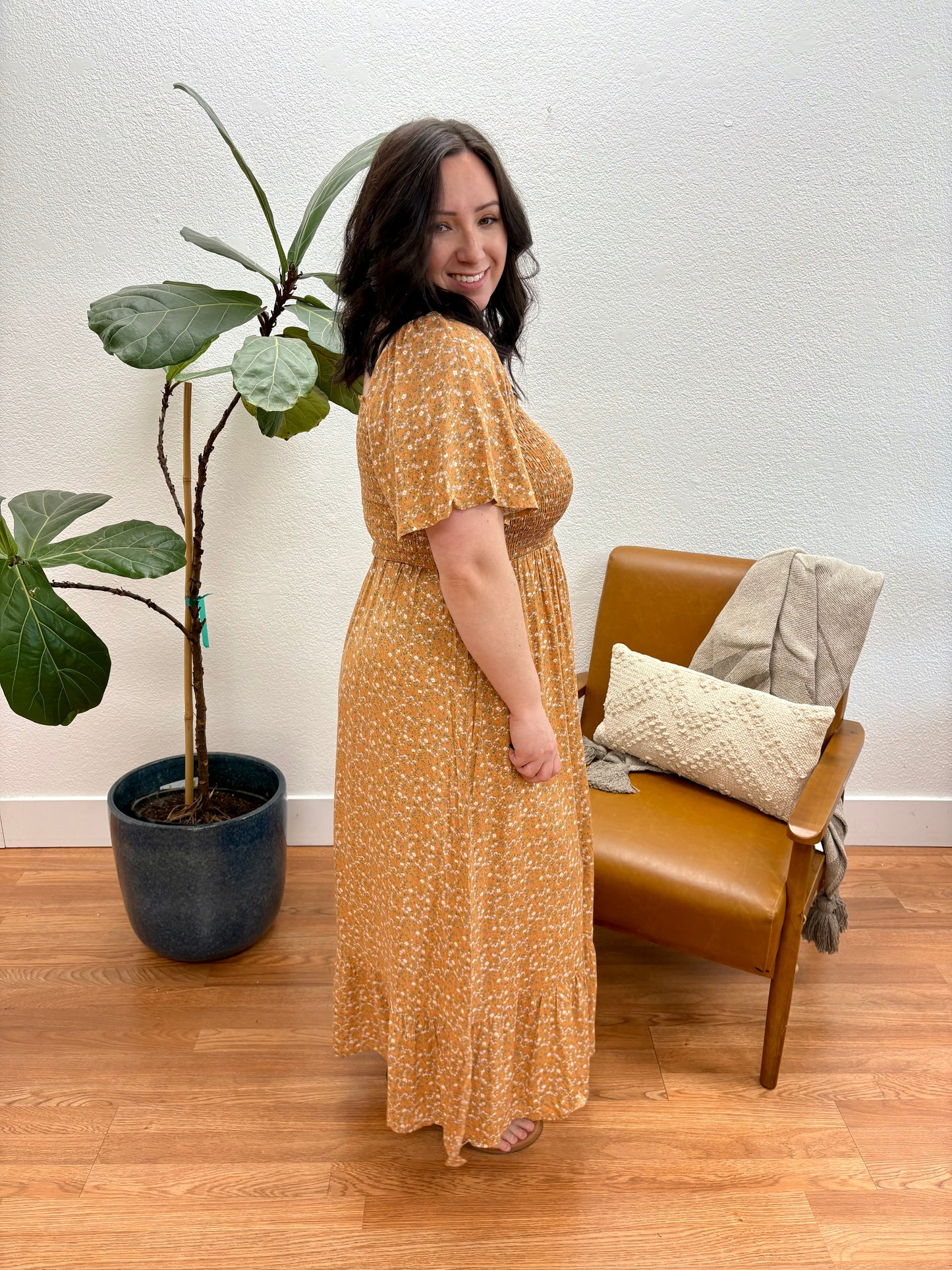 Honey Ditsy Floral Smocked Midi Dress