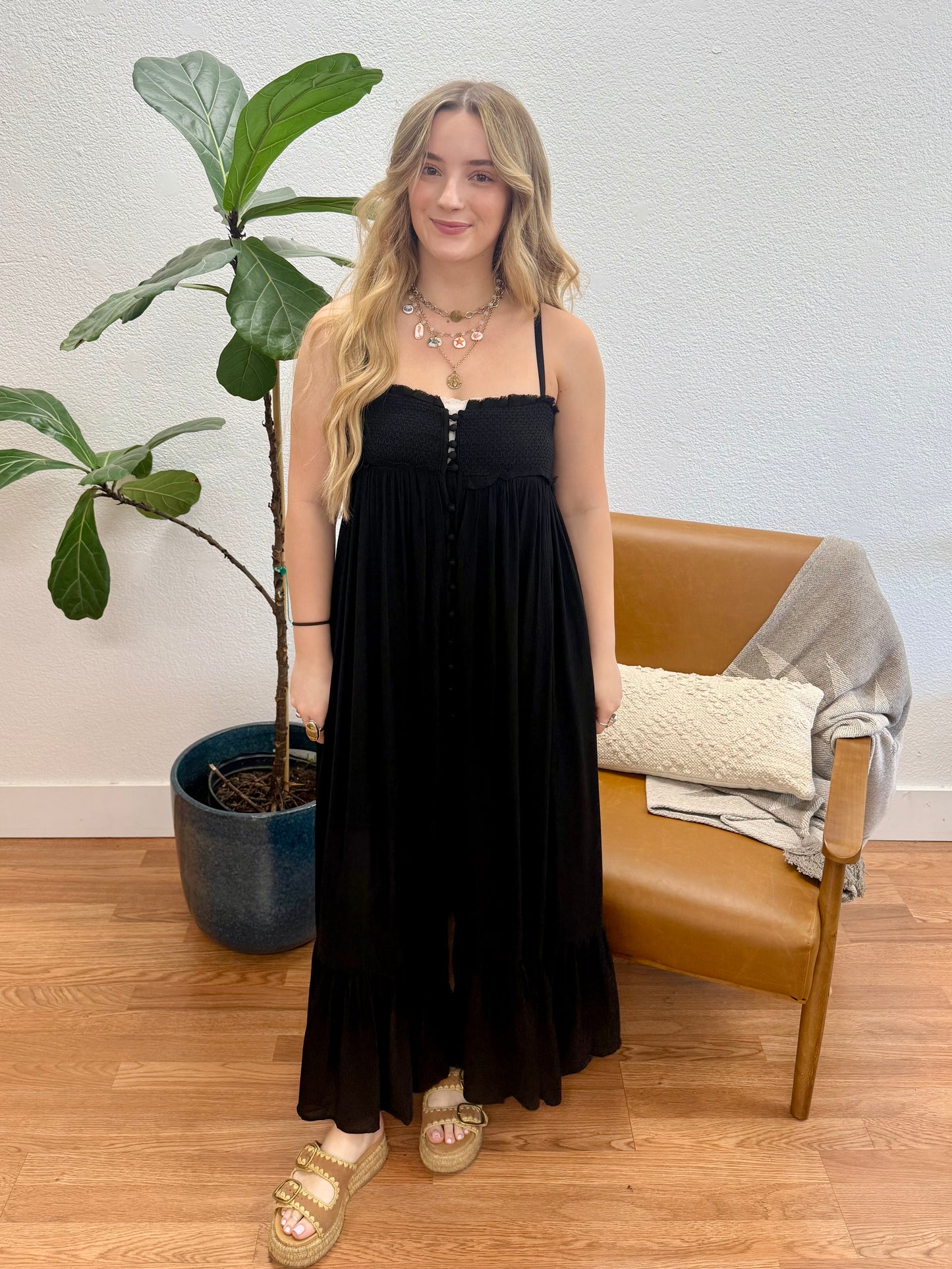 Black Smocked Bodice Maxi Dress