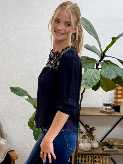 Navy Floral Embroidered Yoke Blouse
