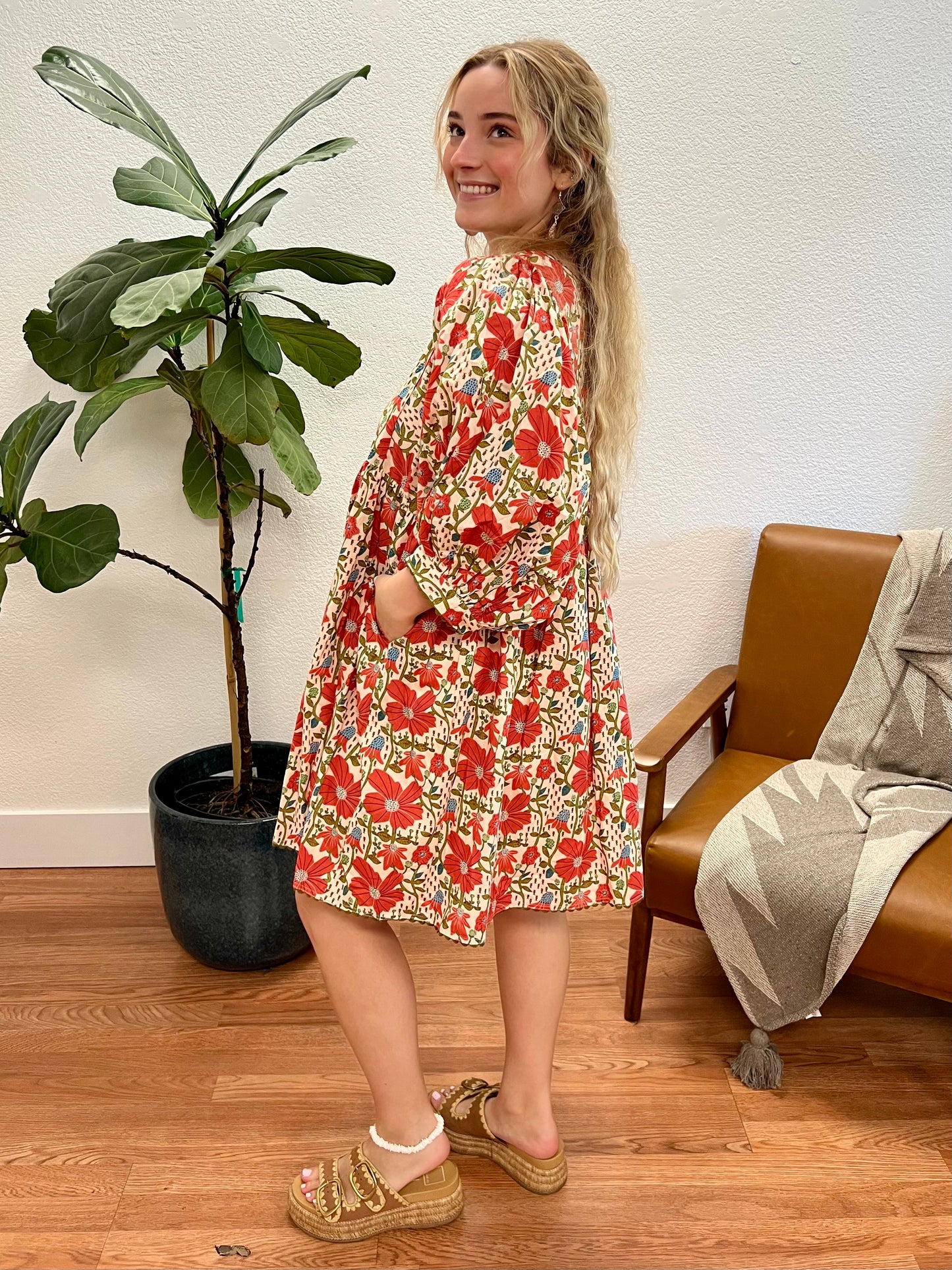 Coral Floral Puff Sleeve Mini Dress
