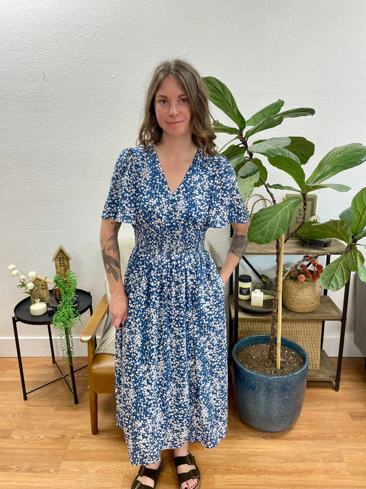 Blue Floral V Neck Dress