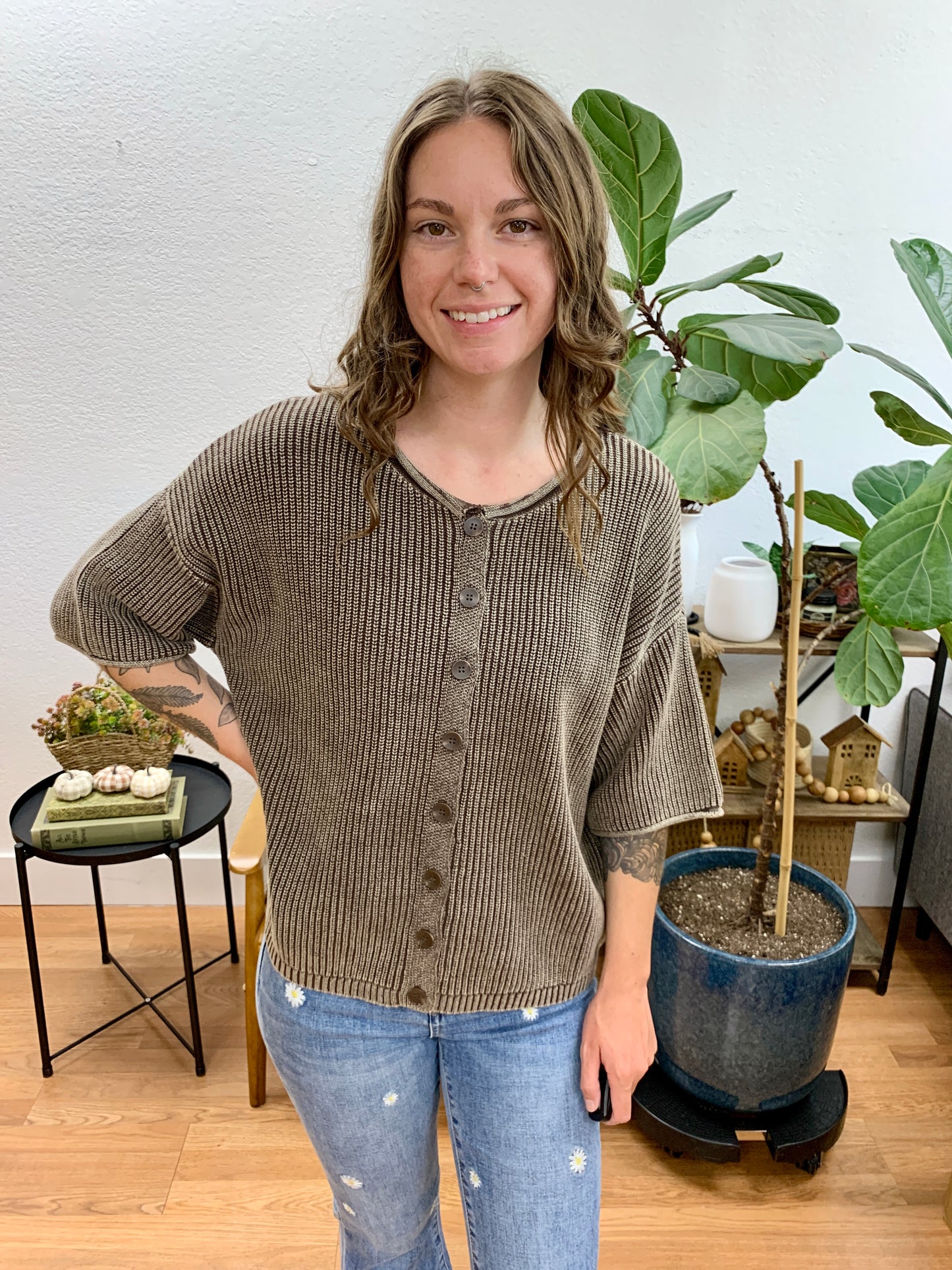Brown Washed Ribbed Cardigan