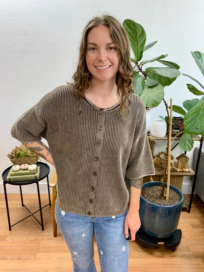 Brown Washed Ribbed Cardigan