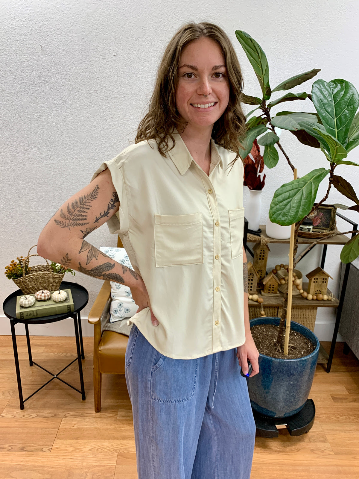 Ecru Dolman Button Up Blouse